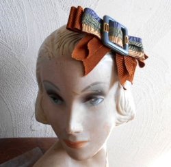 画像2: デッドストックバックル&テラコッタ×グレー×カーキ×イエローベージュグログランリボンのヘッドドレス